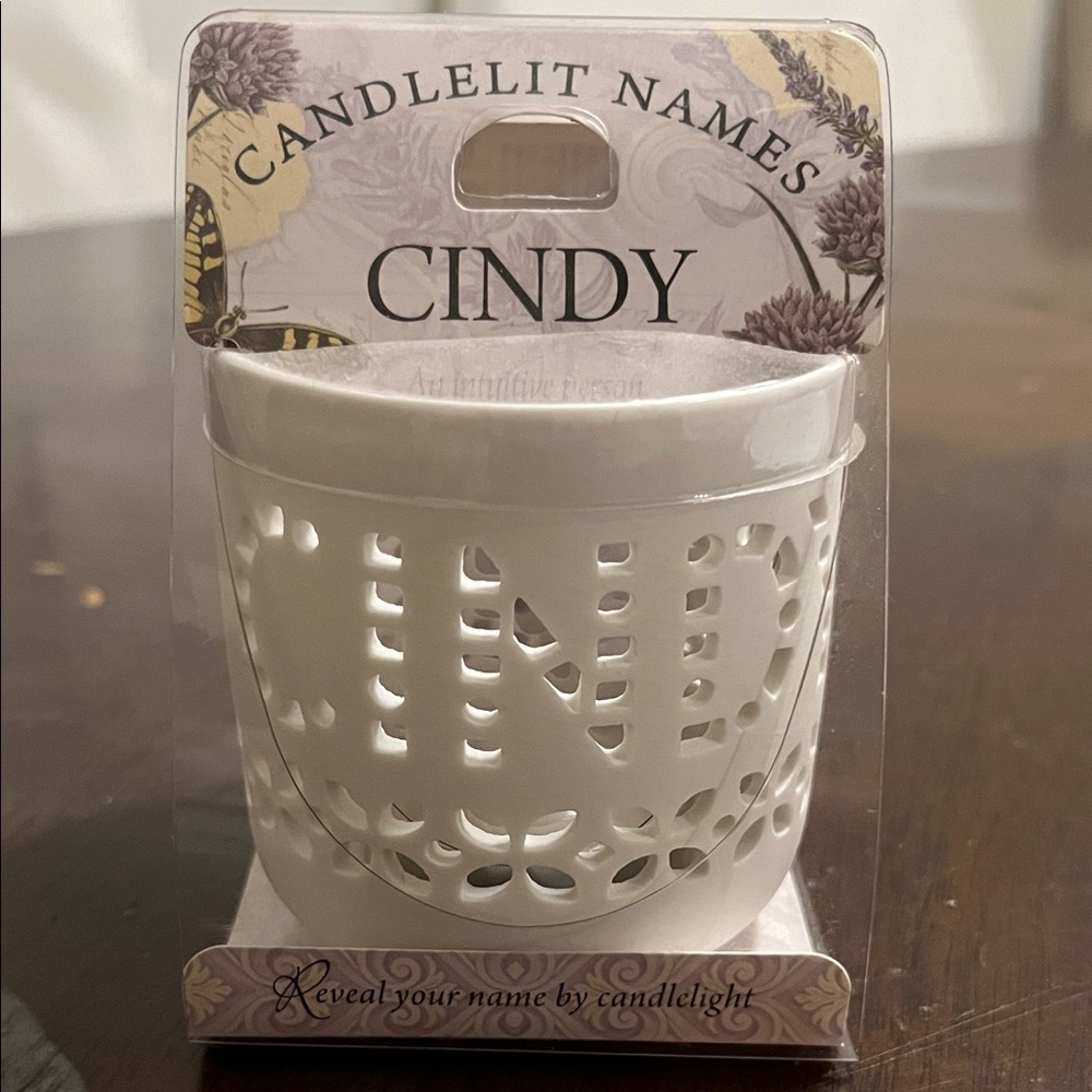 Candlelit Names White Candle Holder with Cut Out Name Design ‘Cindy’
